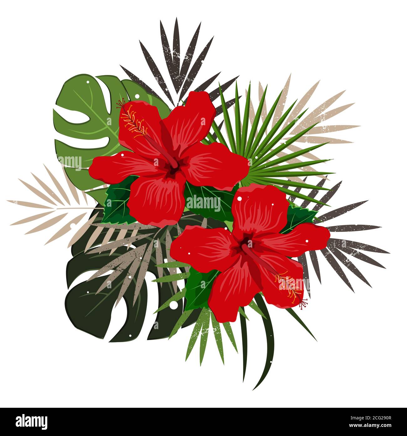 Bouquet composition with red hibiscus flower and palm leaves, flat vector illustration. Tropical exotic Hawaii plants isolated on white Stock Vector