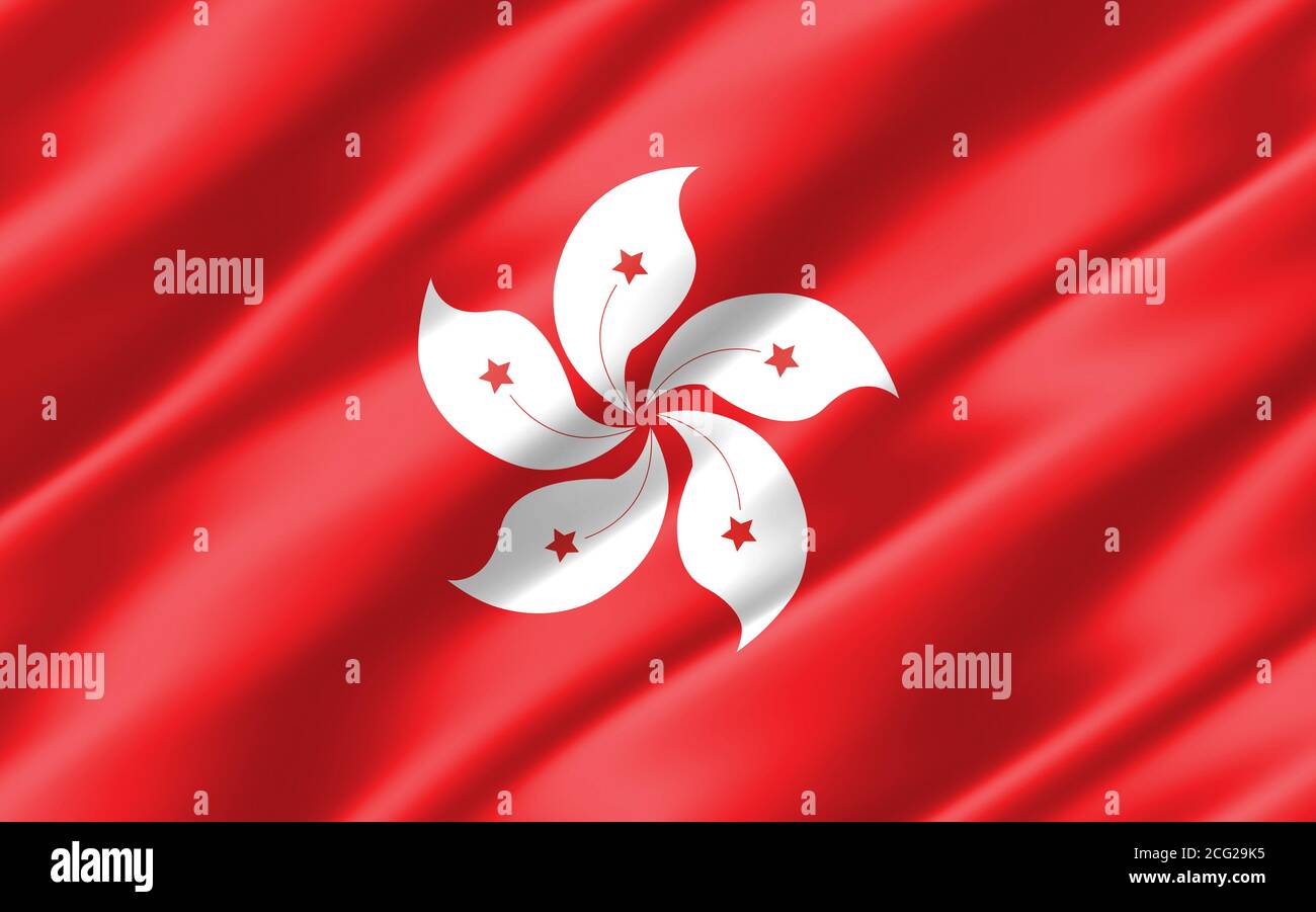Silk wavy flag of Hong Kong graphic. Wavy Hongkonger flag illustration. Rippled Hong Kong country flag is a symbol of freedom, patriotism and independ Stock Photo