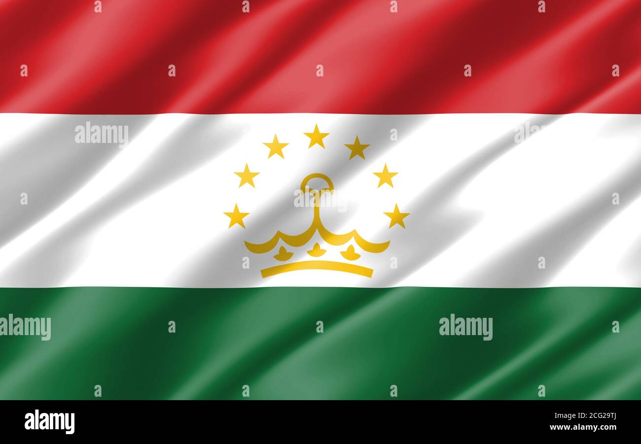 Silk wavy flag of Tajikistan graphic. Wavy Tajikistani flag illustration. Rippled Tajikistan country flag is a symbol of freedom, patriotism and indep Stock Photo