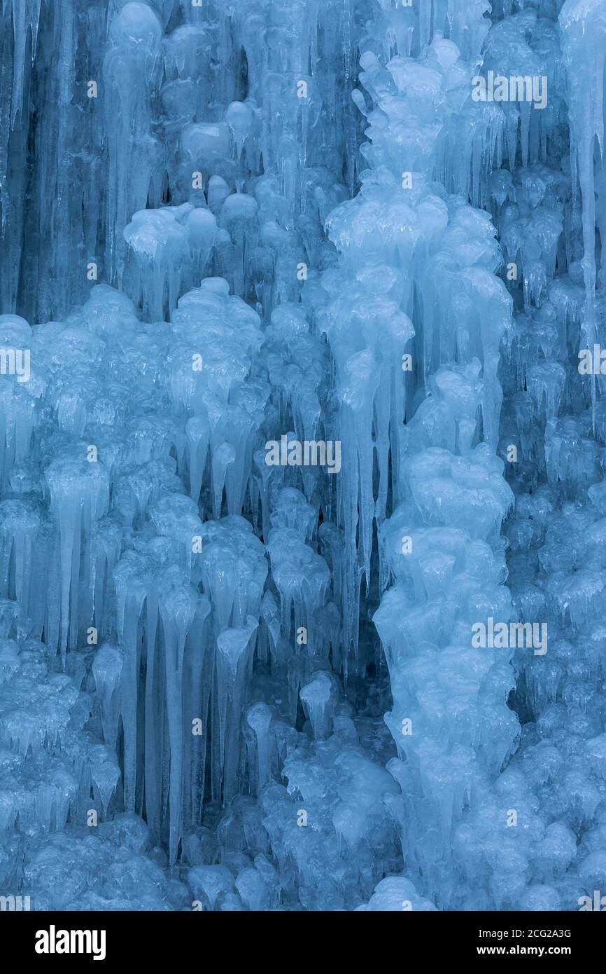 Ice formations in frozen waterfall, Pericnik Waterfall, Triglav National Park, Slovenia Stock Photo