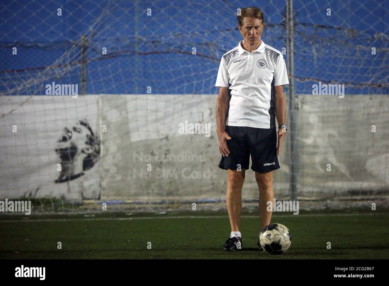 08 September 2020, Lebanon, Dbaiyeh: The 72-year-old German coach Johannes Theodor 'Theo' Bücker leads a practice session of the U-15 academy team of the academy of the Lebanese football team Athletico SC. Photo: Marwan Naamani/dpa Stock Photo