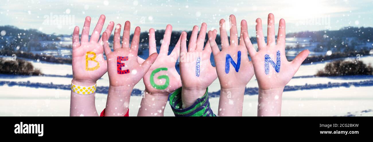 Children Hands Building Word Beginn Mean Beginning, Snowy Winter Background Stock Photo