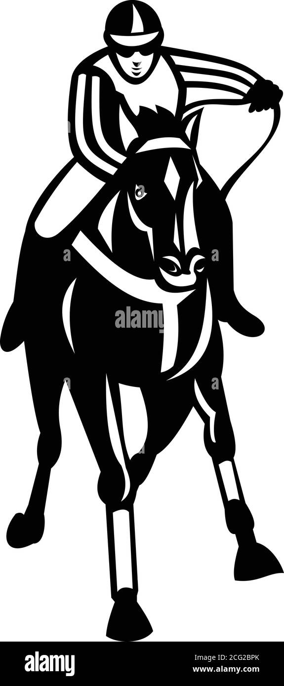 Retro style illustration of a jockey racing thoroughbred horse or galloper, a popular gaming and spectator sport viewed from front on isolated backgro Stock Vector