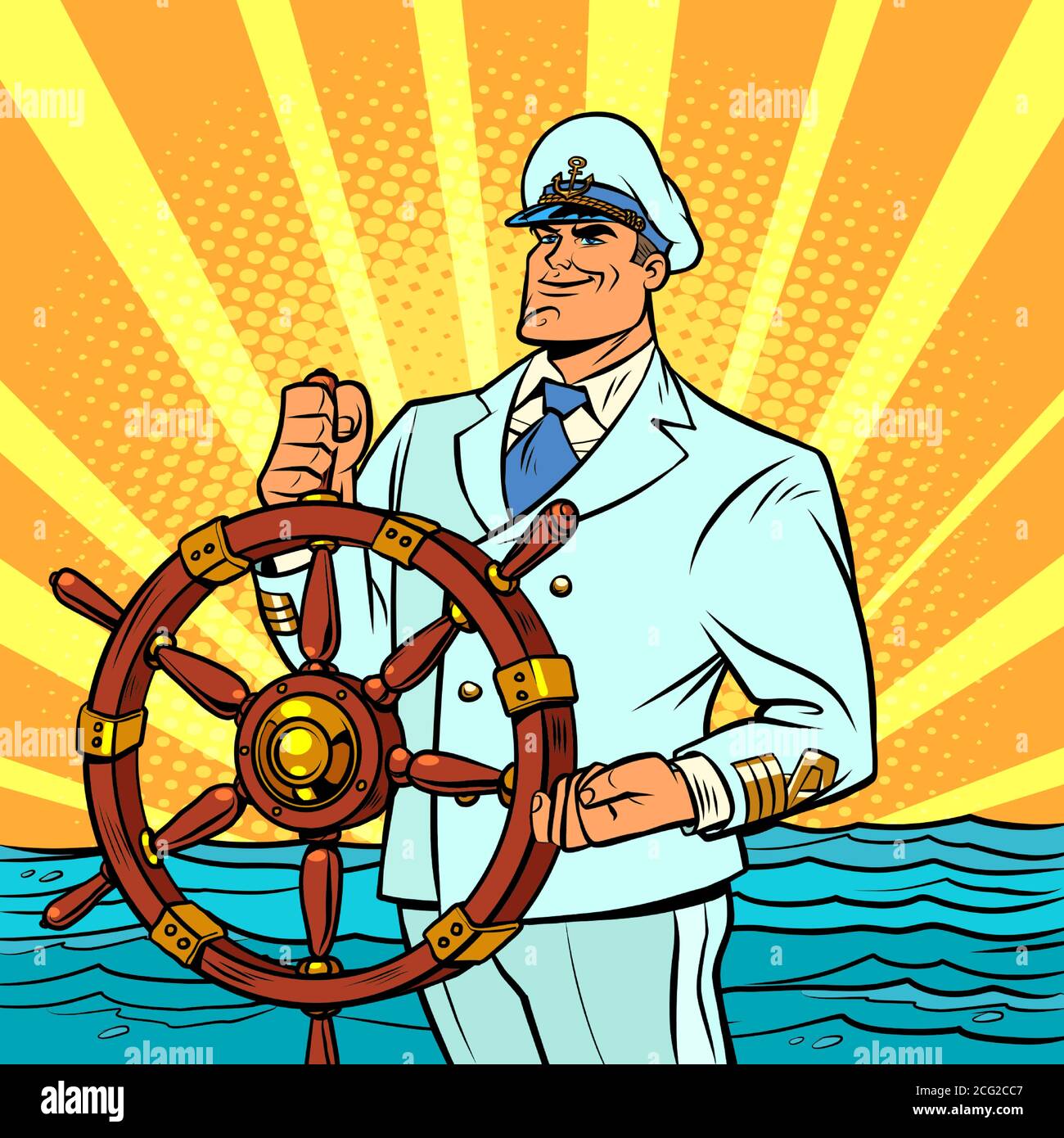 Captain in a white uniform at the helm of the ship Stock Vector