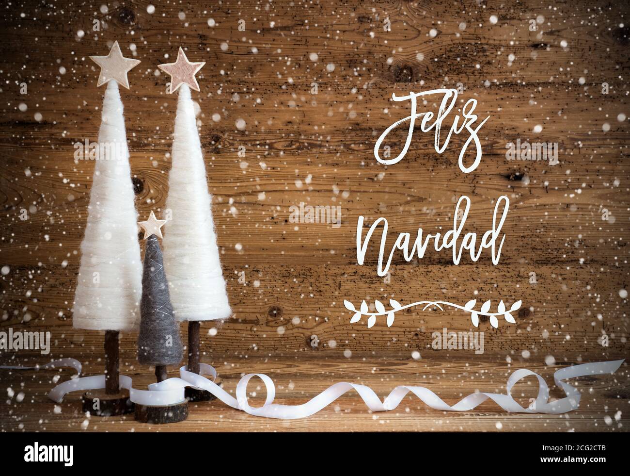 Tree, Wooden Background, Feliz Navidad Means Merry Christmas, Snowflakes Stock Photo
