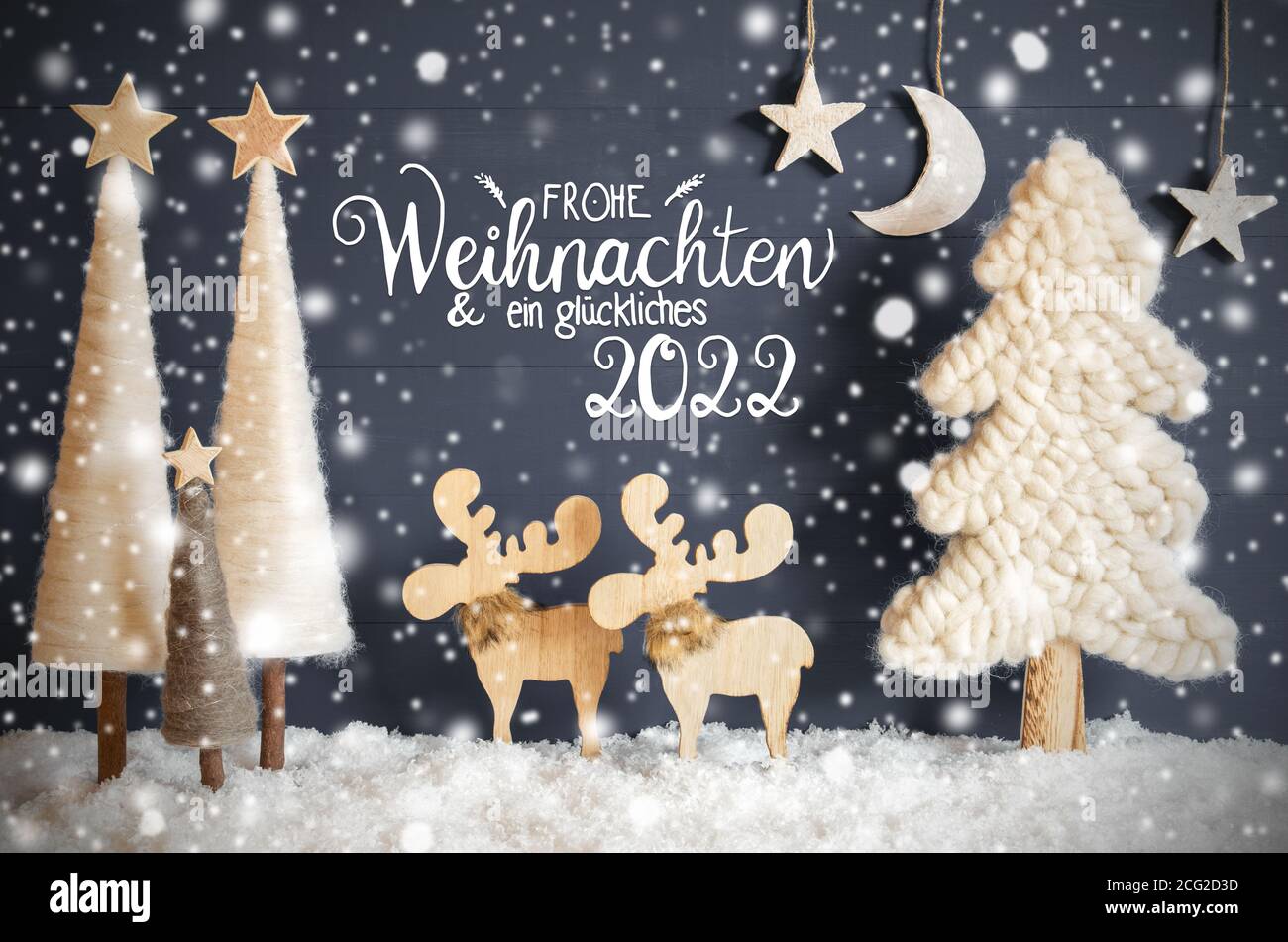 Moon On Christmas 2022 Tree, Moose, Moon, Snow, Glueckliches 2022 Means Happy New Year, Snowflakes  Stock Photo - Alamy