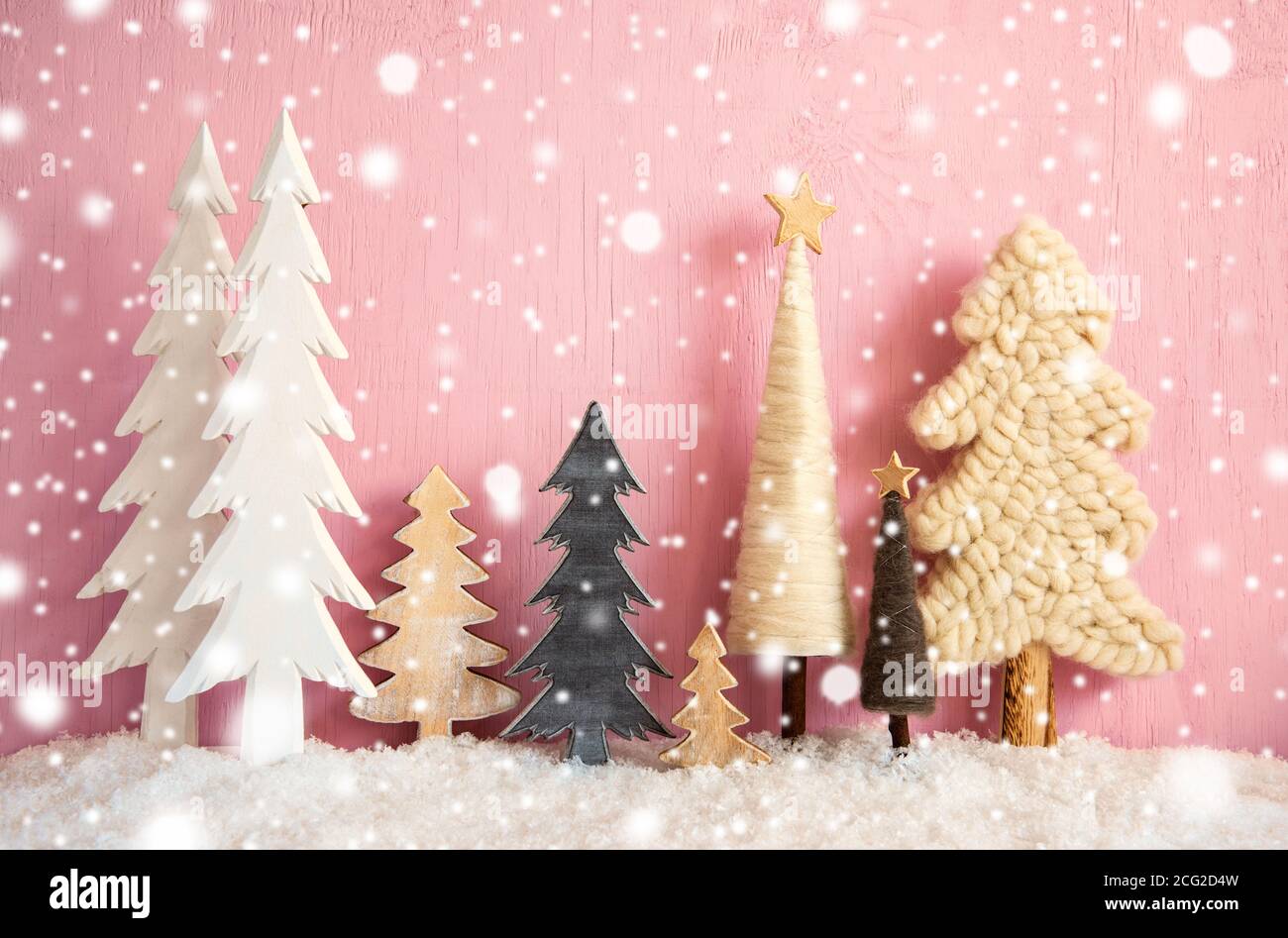 Christmas Trees, Snow, Pink Grungy Wooden Background, Star, Snowflakes Stock Photo