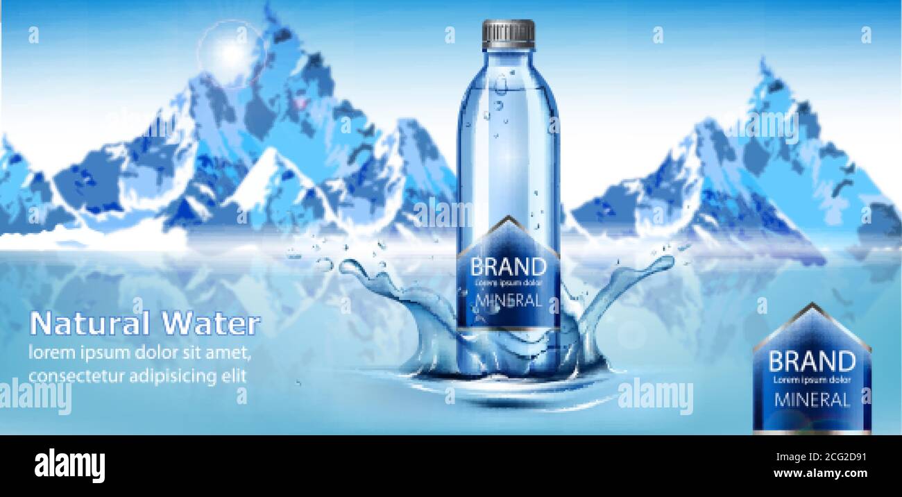 Bottle of mineral natural water with place for text in center of a water splash. Snowy mountains in back. Product placement. 3D mockup. Vector Stock Vector