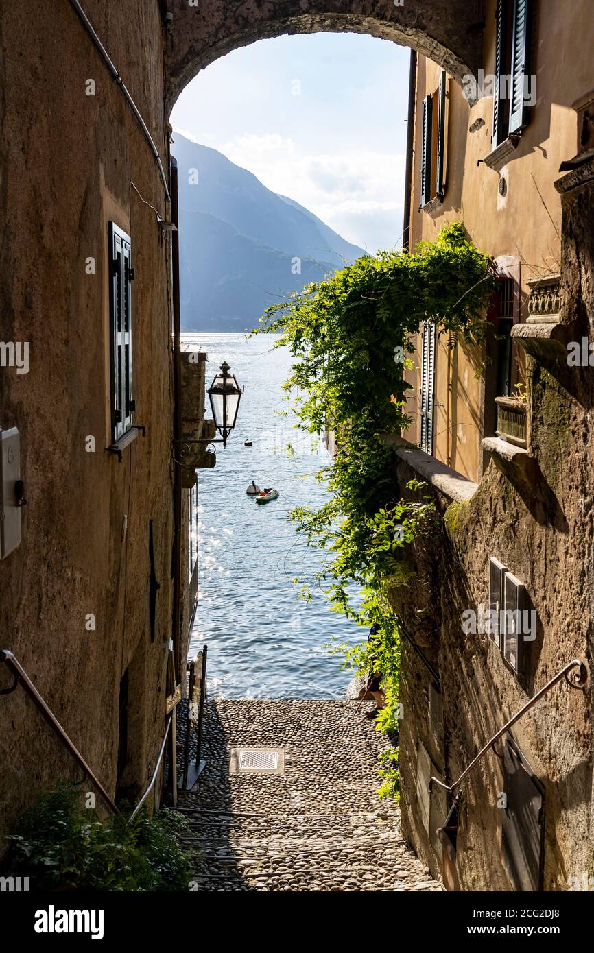 Italy. Lombardy. Lake Como. The colorful village of Varenna. Alley