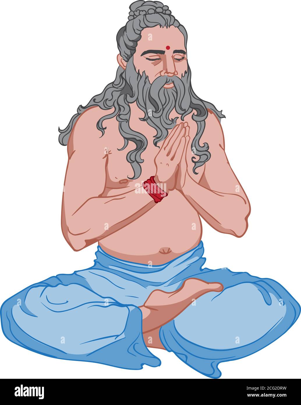Adult man with long, gray hair and beard dressed in blue pants making yoga. Vector Stock Vector