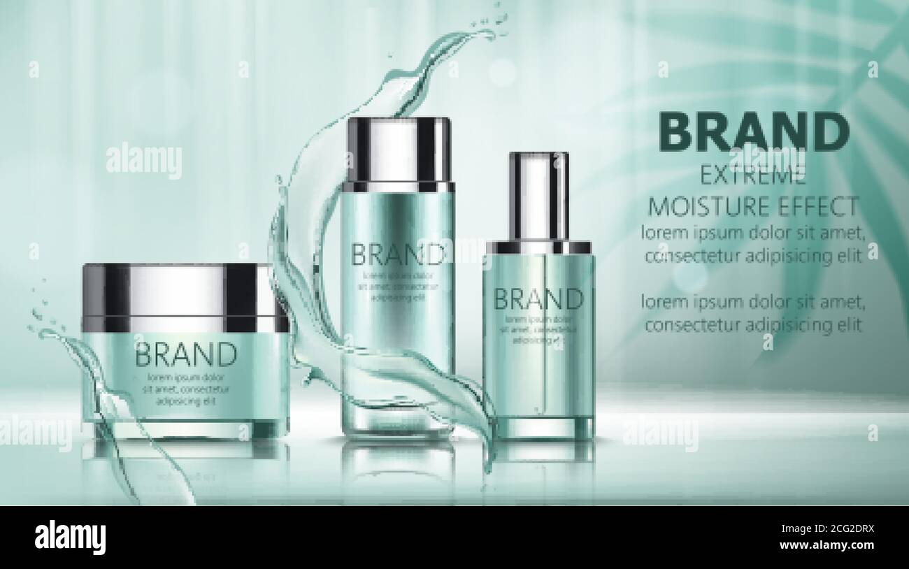 Set of two bottles and a box with cosmetics with place for text surrounded by water lines. Extreme moisture effect. Product placement. 3D mockup. Vect Stock Vector