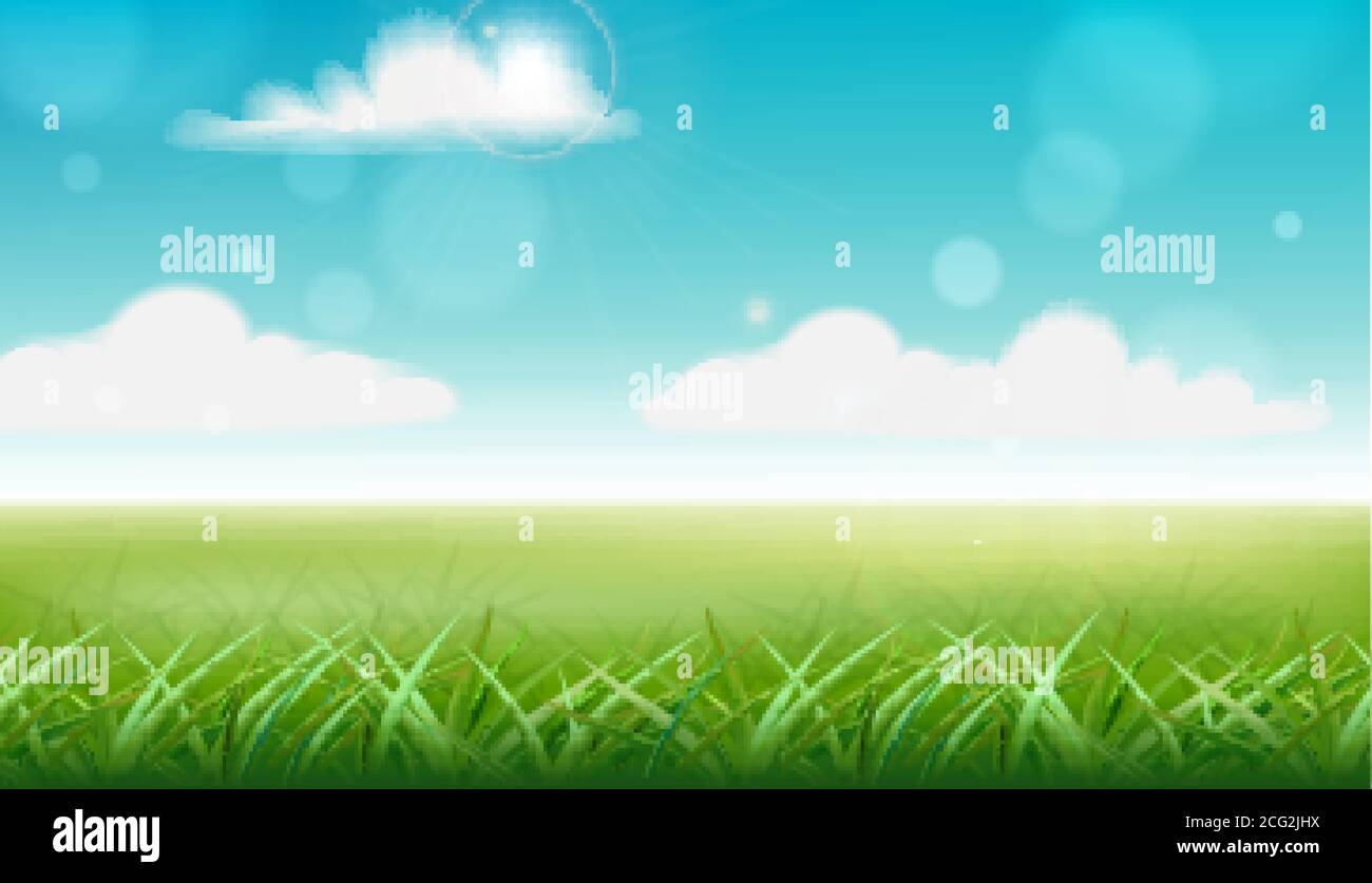 Peisage of a meadow. Green grass and blue sky with clouds. Vector Stock Vector
