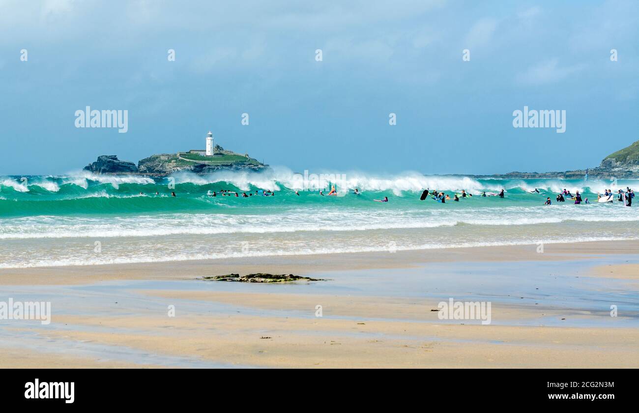 Wild seas at Godrevy in Cornwall, as storm Ellen approaches. Taken on 20th August 2020. Stock Photo