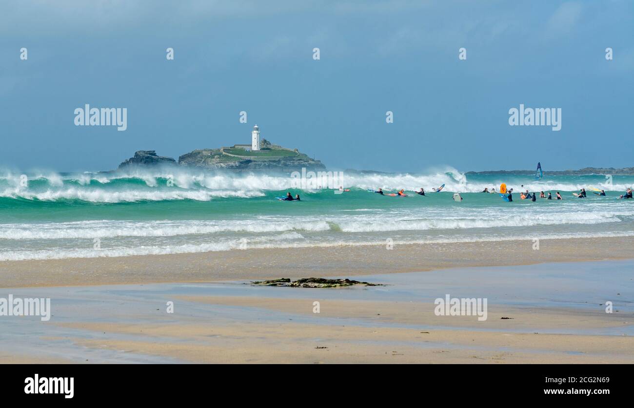 Wild seas at Godrevy in Cornwall, as storm Ellen approaches. Taken on 20th August 2020. Stock Photo