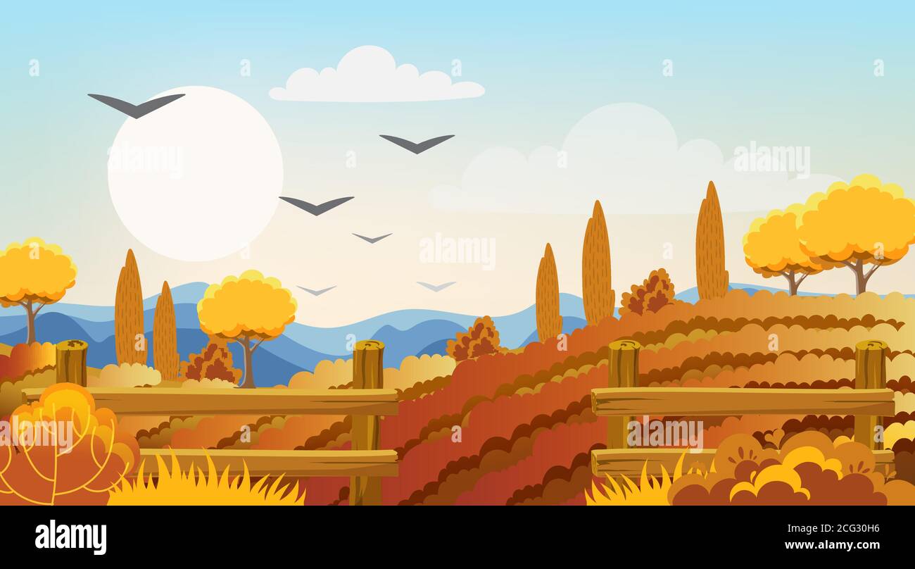Empty fields surrounded by fences, bushes and trees. Autumn thematics. Flying birds. Vector Stock Vector