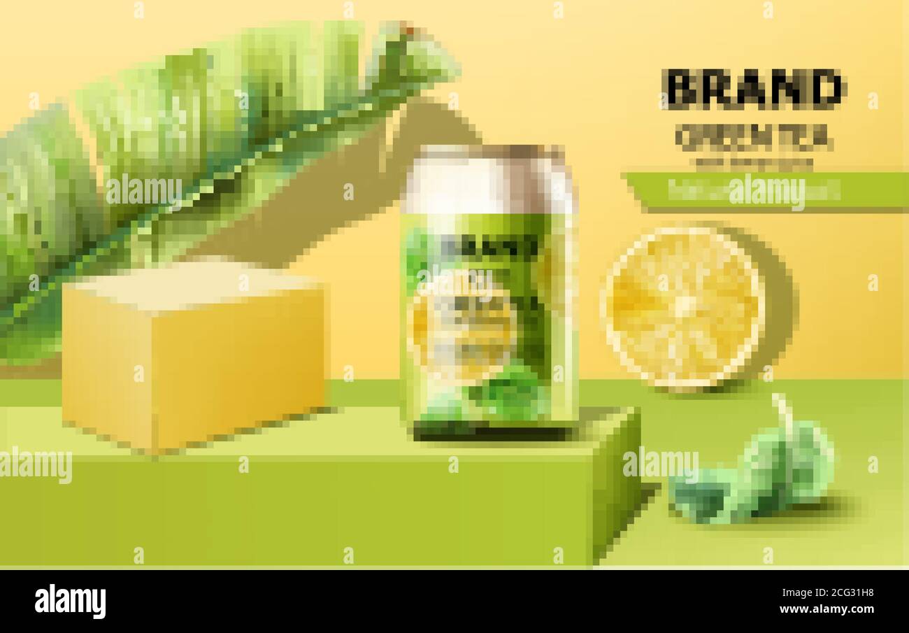Can of iced green tea on podium surrounded by mint, lemon slice and
