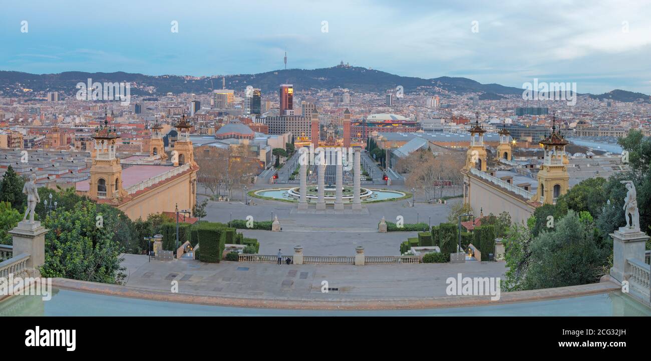 Barcelona - The panorama with the Plaza Espana at the dusk. Stock Photo