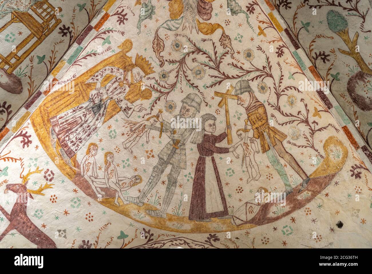 Rreligiöse Fresken des Elmelunde-Meisters in der Kirche von Elmelunde, Insel Mön, Dänemark, Europa |  Religious frescos of the Elmelunde Master at the Stock Photo