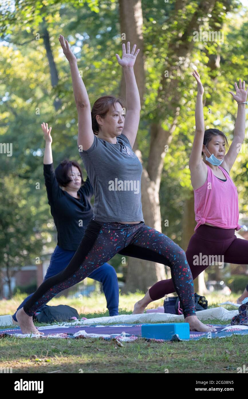 Chinese American women at a yoga class in Kissena Park, Flushing