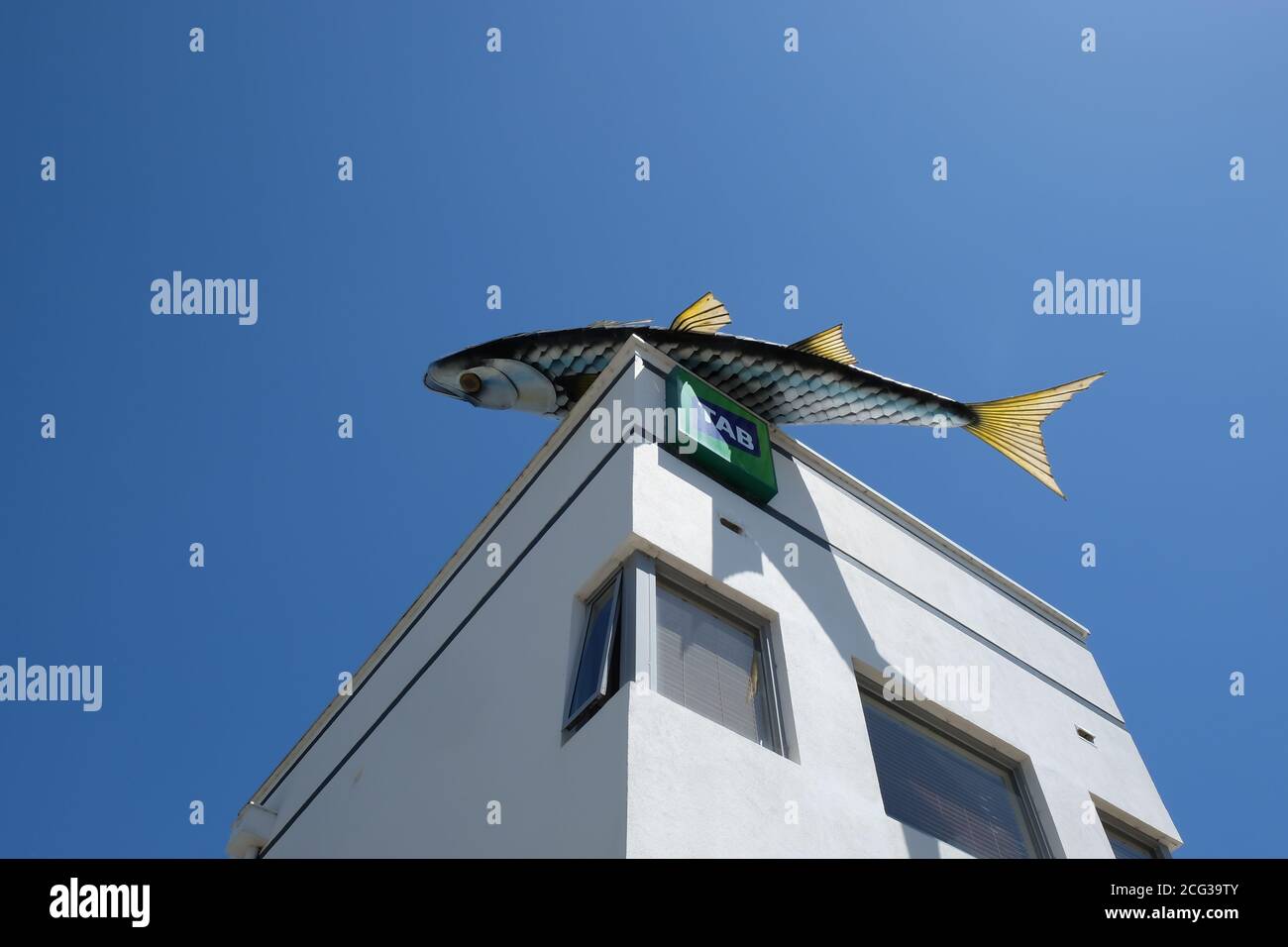 Fish sculpture by artist Colin Suggett on the rooftop of the Fish Creek Hotel, Victoria, Australia Stock Photo