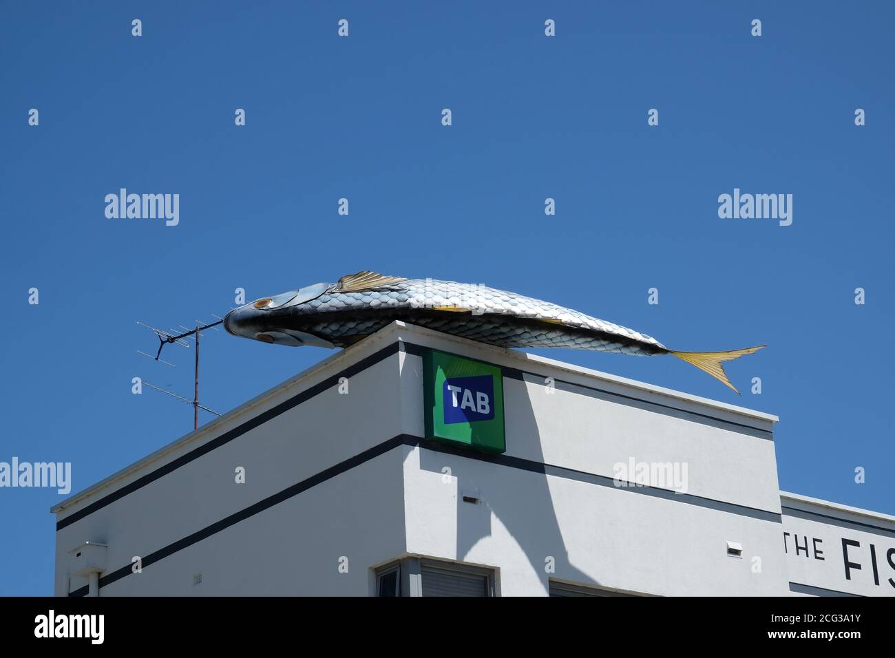 Fish sculpture by artist Colin Suggett on the rooftop of the Fish Creek Hotel, Victoria, Australia Stock Photo