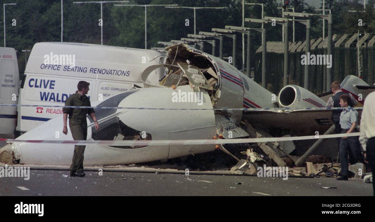 The executive jet that crashed on landing at RAF Northolt, north-west London and careened on to the busy dual carriageway of the A40 and collided with a van. Stock Photo