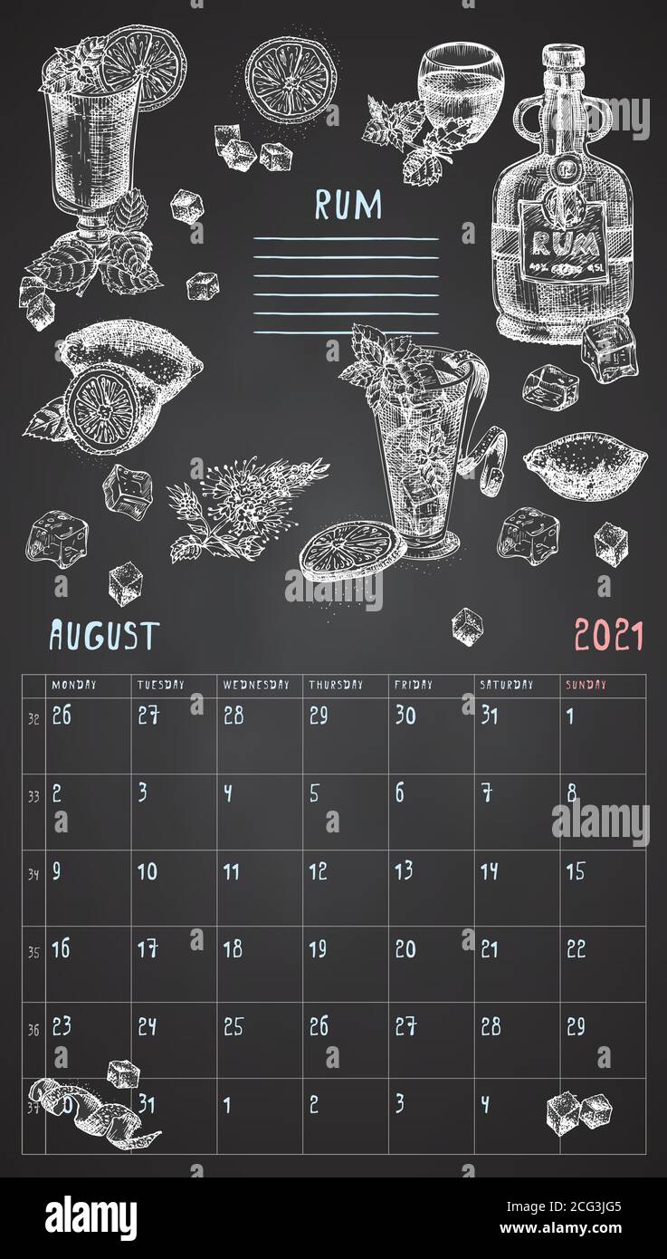 2021 Page of wall vintage calendar planner. August month. Week starts on Monday. Alcohol bar theme. Rum cocktails Retro poster Place to write recipe Stock Vector