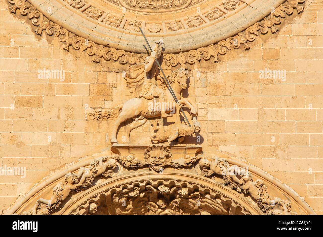 PALMA DE MALLORCA, SPAIN - JANUARY 27, 2019: The St. George statue on the baroque portal of church Iglesia de San Francisco by Pere Horrach and Franci Stock Photo