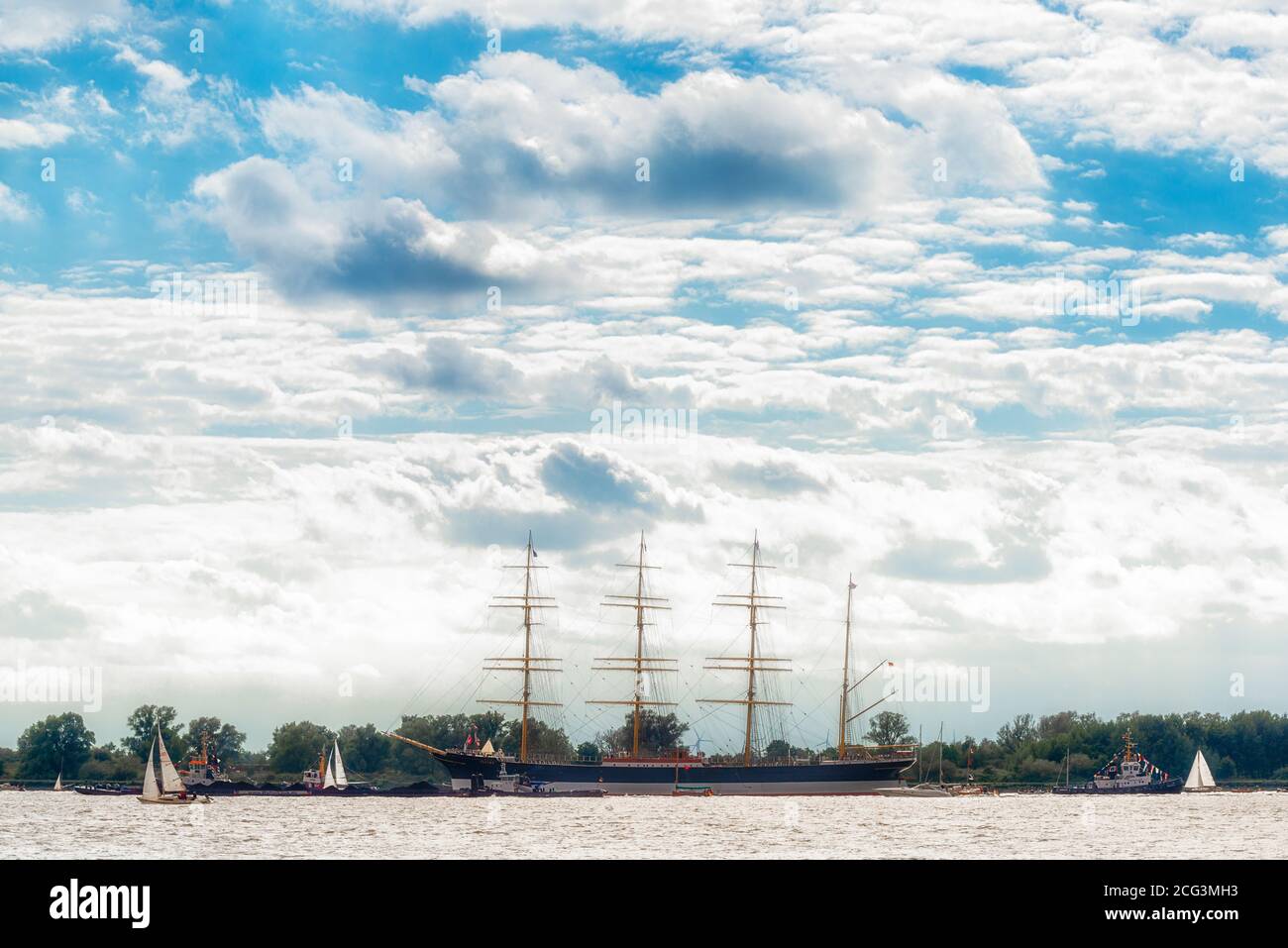 Newly renovated four-masted bark Peking, a former Flying-P-Liner being towed to Hamburg on the Elbe River, Lühesand, Lower Saxony, Germany Stock Photo