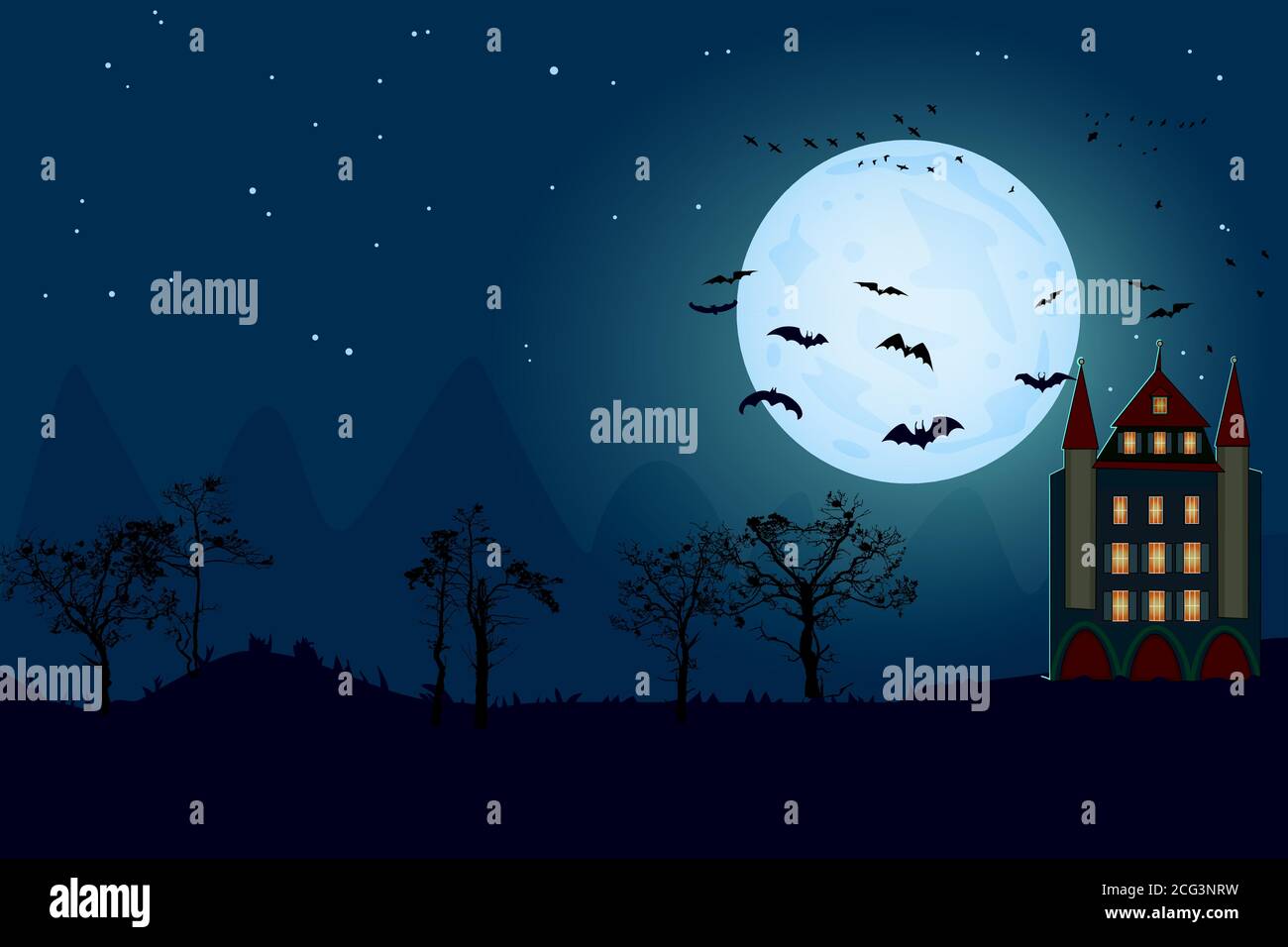 Halloween background with copy space. Spooky forest with dead trees, moon, bat and house. Halloween night landscape scenery. Stock vector illustration Stock Vector