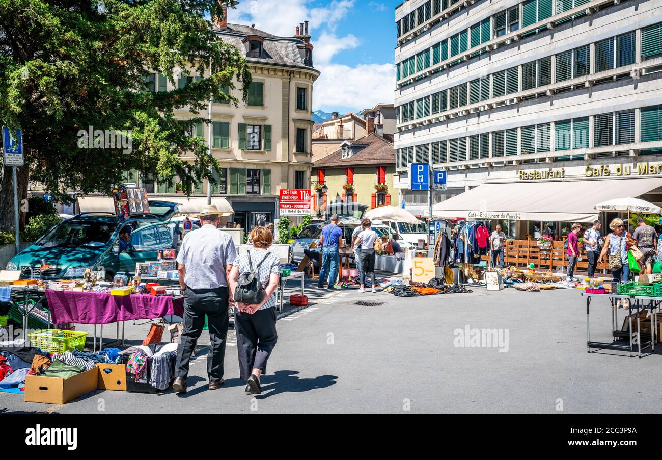 Aigle Switzerland , 4 July 2020 : People shopping at a street market in Aigle  city centre in Vaud Switzerland Stock Photo - Alamy