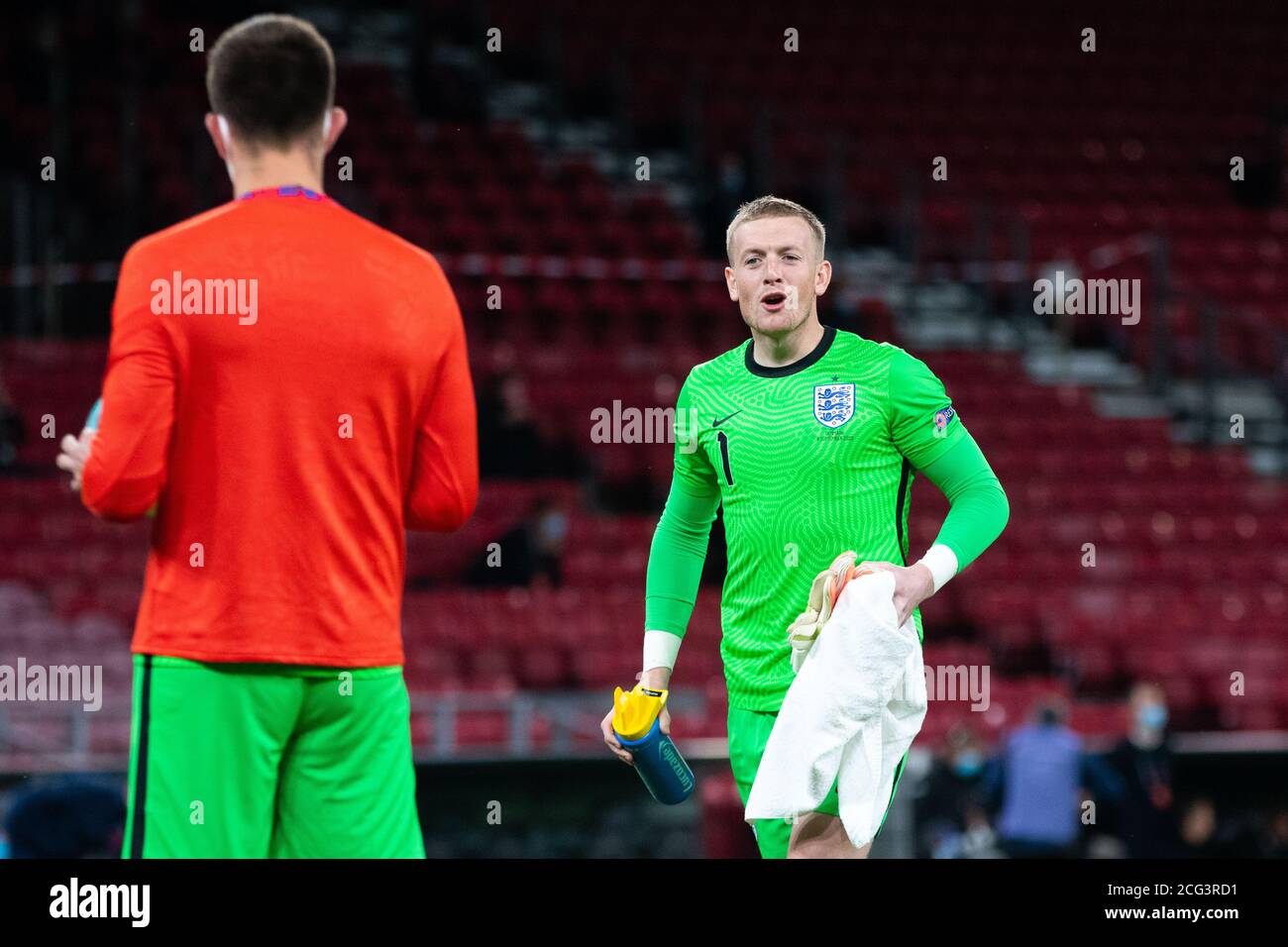Copenhagen, Denmark. 08th Sep, 2020. Jordan Pickford of England seen in talks with Nick Pope (13) during the warm up before the UEFA Nations match Denmark and England at