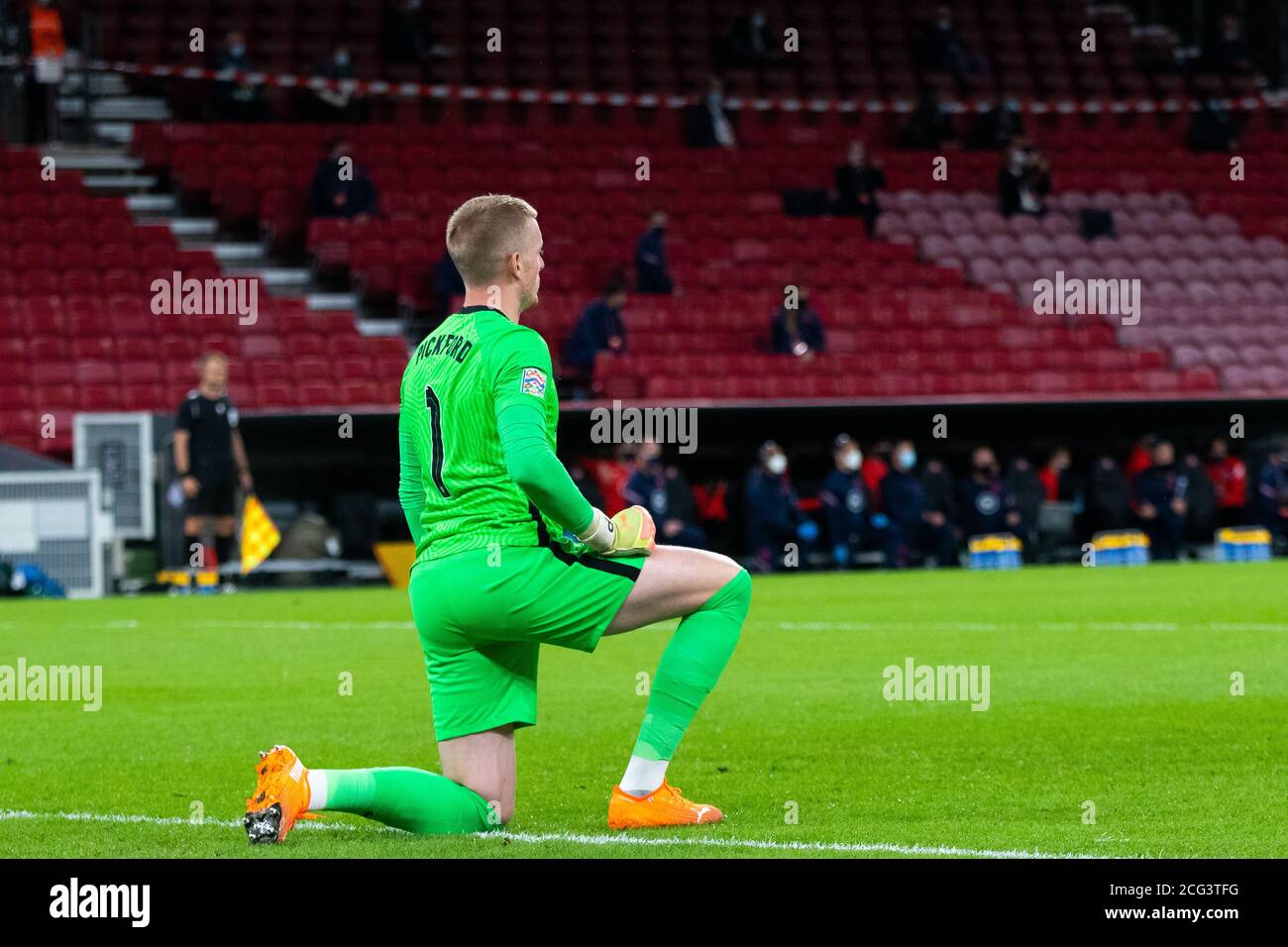 Denmark. 08th Sep, 2020. Jordan Pickford (1) of England takes a knee before the UEFA Nations League match between Denmark and England at Parken in Copenhagen. (Photo Credit: Gonzales Photo/Alamy Live