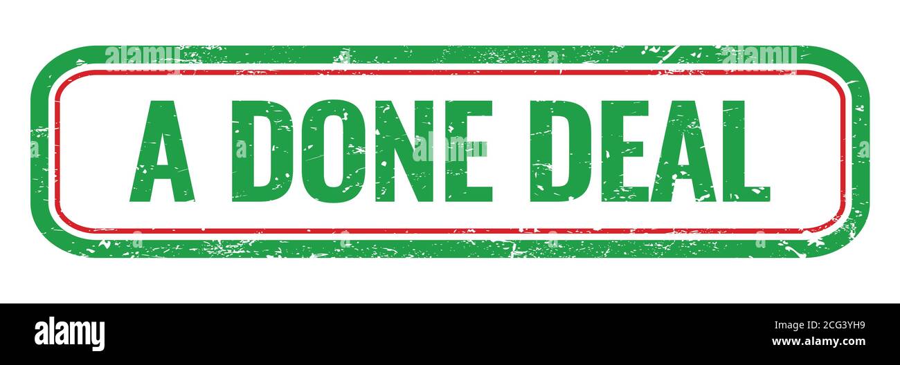 A DONE DEAL green grungy rectangle stamp sign. Stock Photo