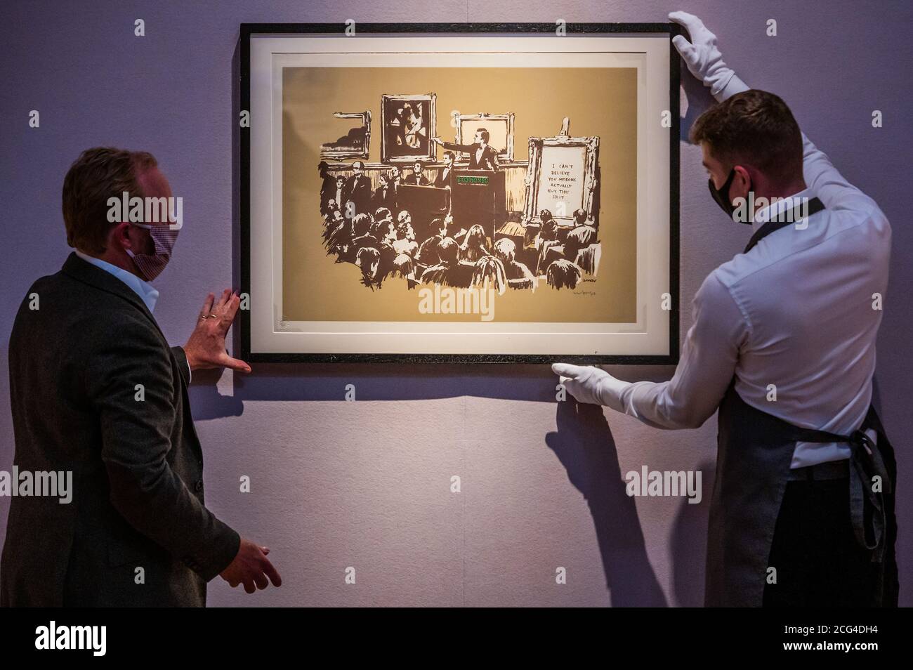 London, UK. 09th Sep, 2020. Contemporary Online - Banksy, I can't believe you morons actually buy this sh*t, 2007, Estimate: £20,000-30,000 - Christie's London preview of multiple sales of artworks from the 20th Century. Credit: Guy Bell/Alamy Live News Stock Photo