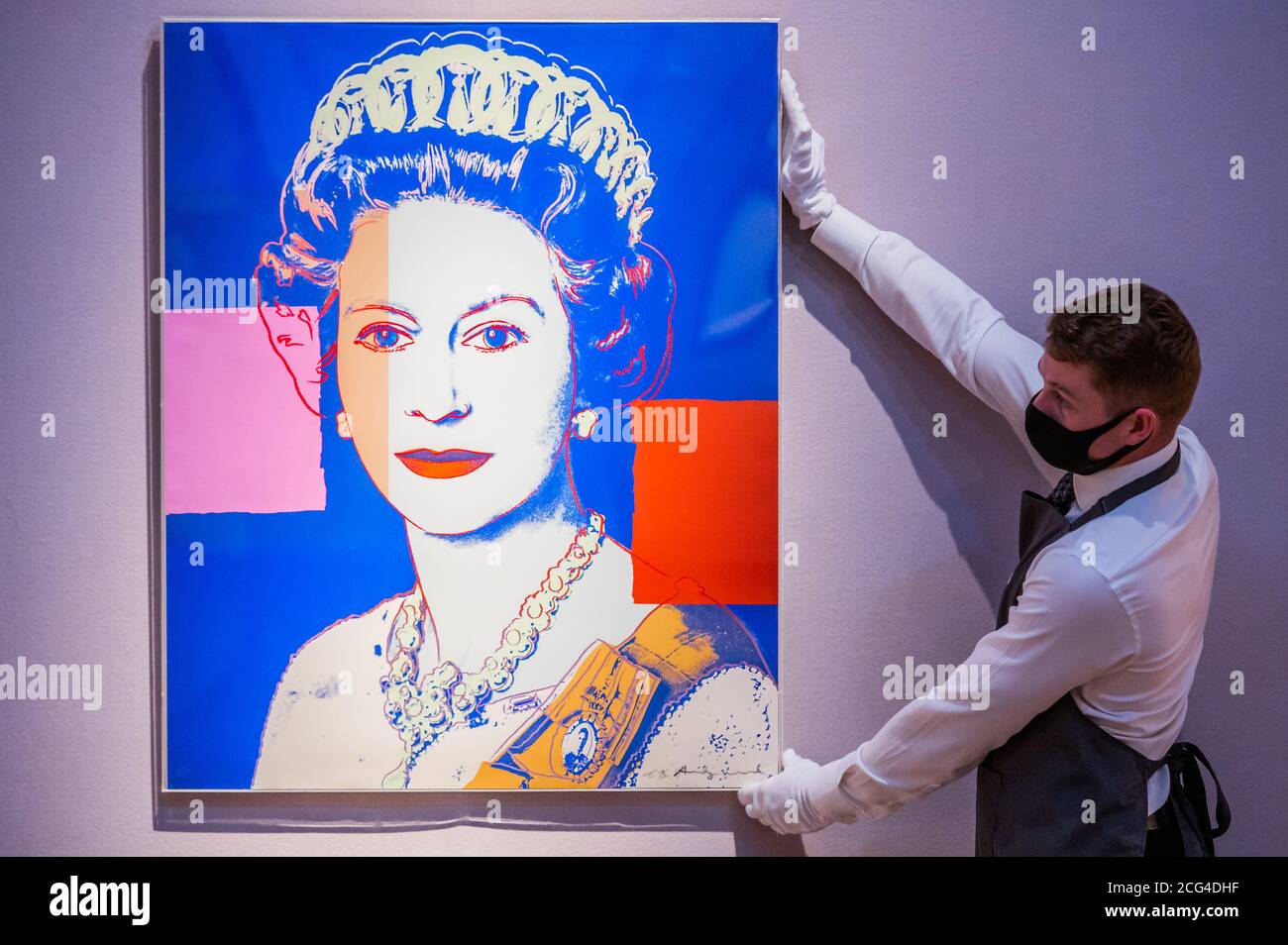 London, UK. 09th Sep, 2020. Prints & Multiples: Modern to Pop Online 10 - 22 September, Queen Elizabeth II, from: Reigning Queens (Royal Edition) screenprint in colours with diamond dust, 1985, numbered R13/30, with the artist's copyright stamp verso, Estimate: £100,000-150,000 - Christie's London preview of multiple sales of artworks from the 20th Century. Credit: Guy Bell/Alamy Live News Stock Photo