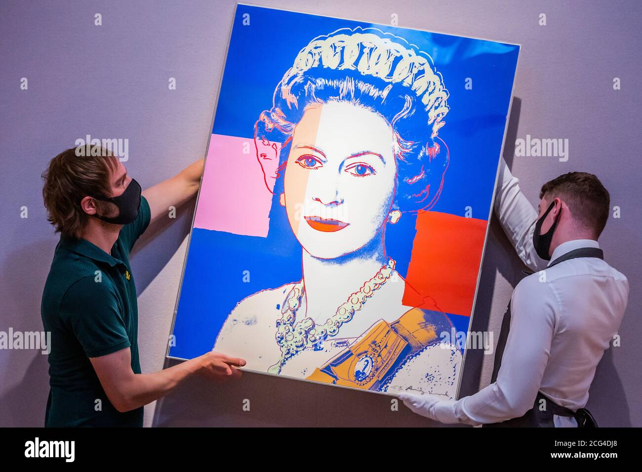 London, UK. 09th Sep, 2020. Prints & Multiples: Modern to Pop Online 10 - 22 September, Queen Elizabeth II, from: Reigning Queens (Royal Edition) screenprint in colours with diamond dust, 1985, numbered R13/30, with the artist's copyright stamp verso, Estimate: £100,000-150,000 - Christie's London preview of multiple sales of artworks from the 20th Century. Credit: Guy Bell/Alamy Live News Stock Photo