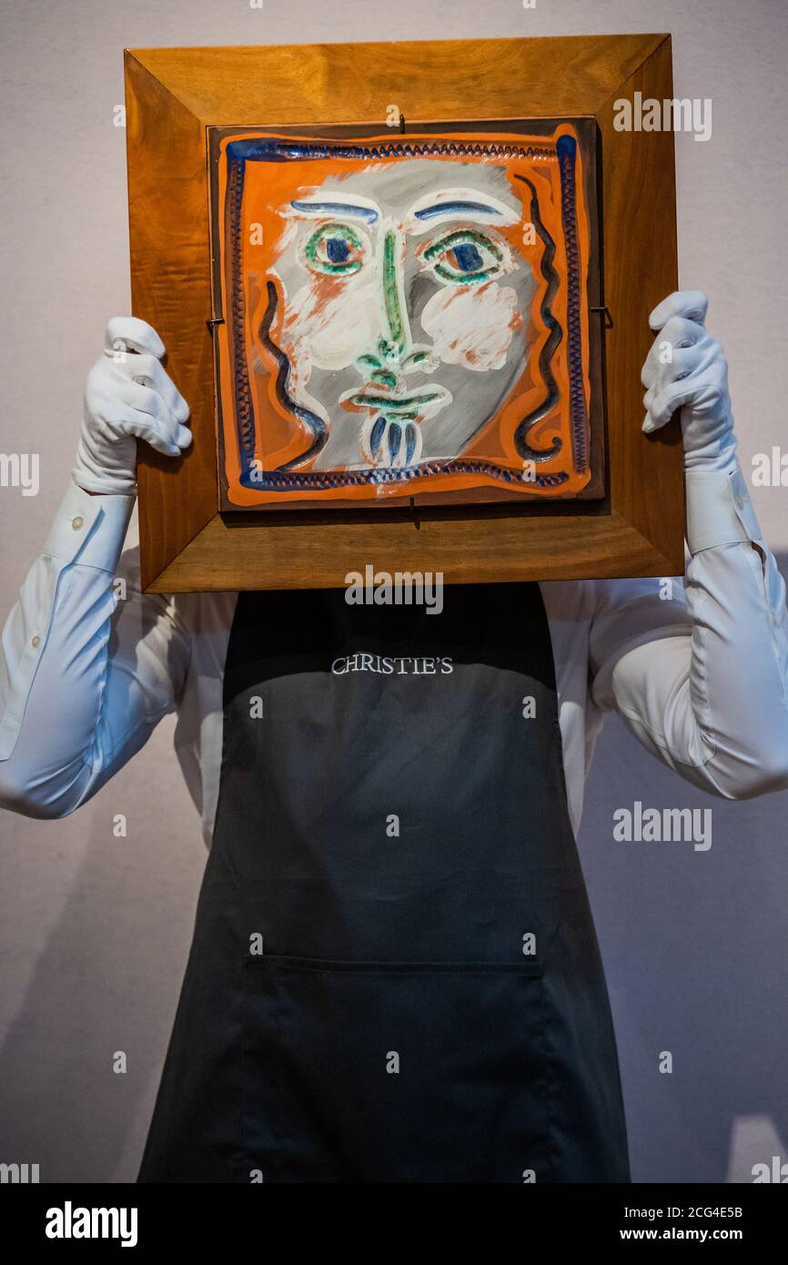 London, UK. 09th Sep, 2020. Picasso Ceramics Online 3 - 17 September: Pablo  Picasso, Visage aux cheveux bouclés (A.R. 573), 16/100 terracotta plaque,  Conceived in December 1968 - January 1969, Estimate: £6,000-8,000 -