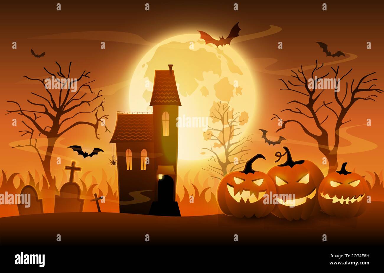 Dark graveyard with creepy pumpkins and haunted house on Halloween night, cartoon vector ilustration Stock Vector