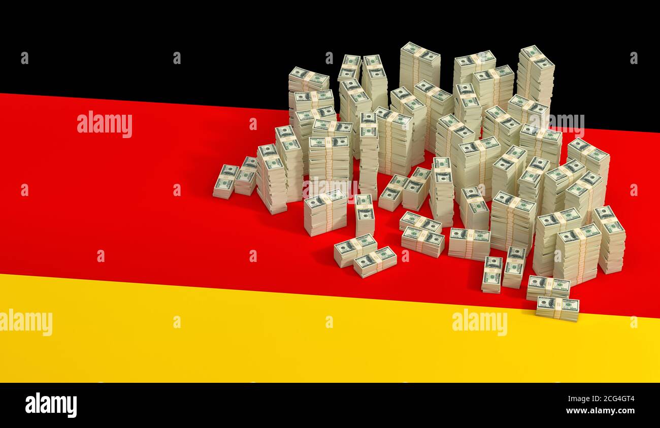 Stacks of 100 Dollar banknotes on German national flag. 3D Rendering ...