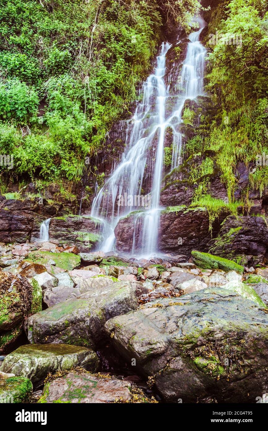 The waterfall at Woody Bay in the Exmoor National Park, Devon. Stock Photo