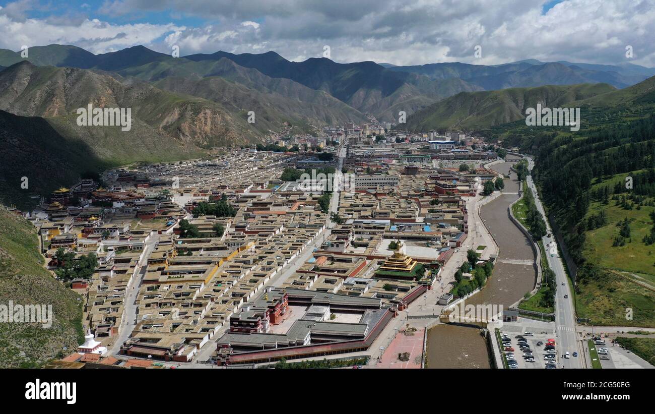 (200909) -- LANZHOU, Sept. 9, 2020 (Xinhua) -- Aerial photo taken on Sept. 1, 2020 shows a view of Labrang Monastery in Xiahe County of Gannan Tibetan Autonomous Prefecture, northwest China's Gansu Province. Sitting on the border of Gansu, Qinghai and Sichuan provinces, Gannan serves as a major water conservation area for the Yellow River, the second-longest river in China. Featuring various landscapes and diverse cultures, it is an acclaimed attraction for both domestic and international tourists. (Xinhua/Chen Bin) Stock Photo