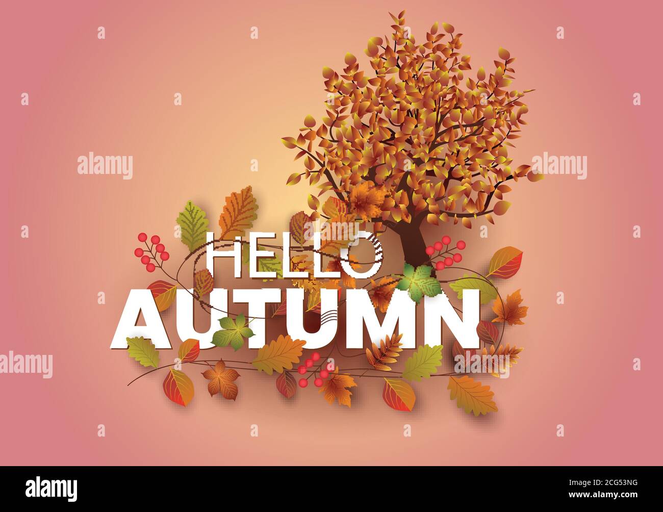 hello autumn stylish lettering with autumn leaves and tree. vector ...