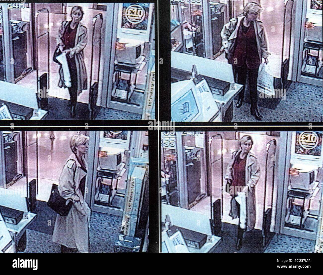 Composite of CCTV film showing former BBC presenter, Jill Dando, shopping at a branch of the Dixons chain in the Kings Mall shopping centre in Hammersmith, London. Jill left the mall and headed toward her home in Gowan Avenue, Fulham, where she was shot. * Pic taken at 10.55am on Monday, 26th April 1999. 40 minutes before murder *02/07/2001....The Old Bailey jury in the Jill Dando murder trial announced its verdict of guilty in the trial of suspect suspect Barry George, 41, unemployed from south west London. George had denied murdering Miss Dando on April 26 1999. The TV presenter was shot Stock Photo