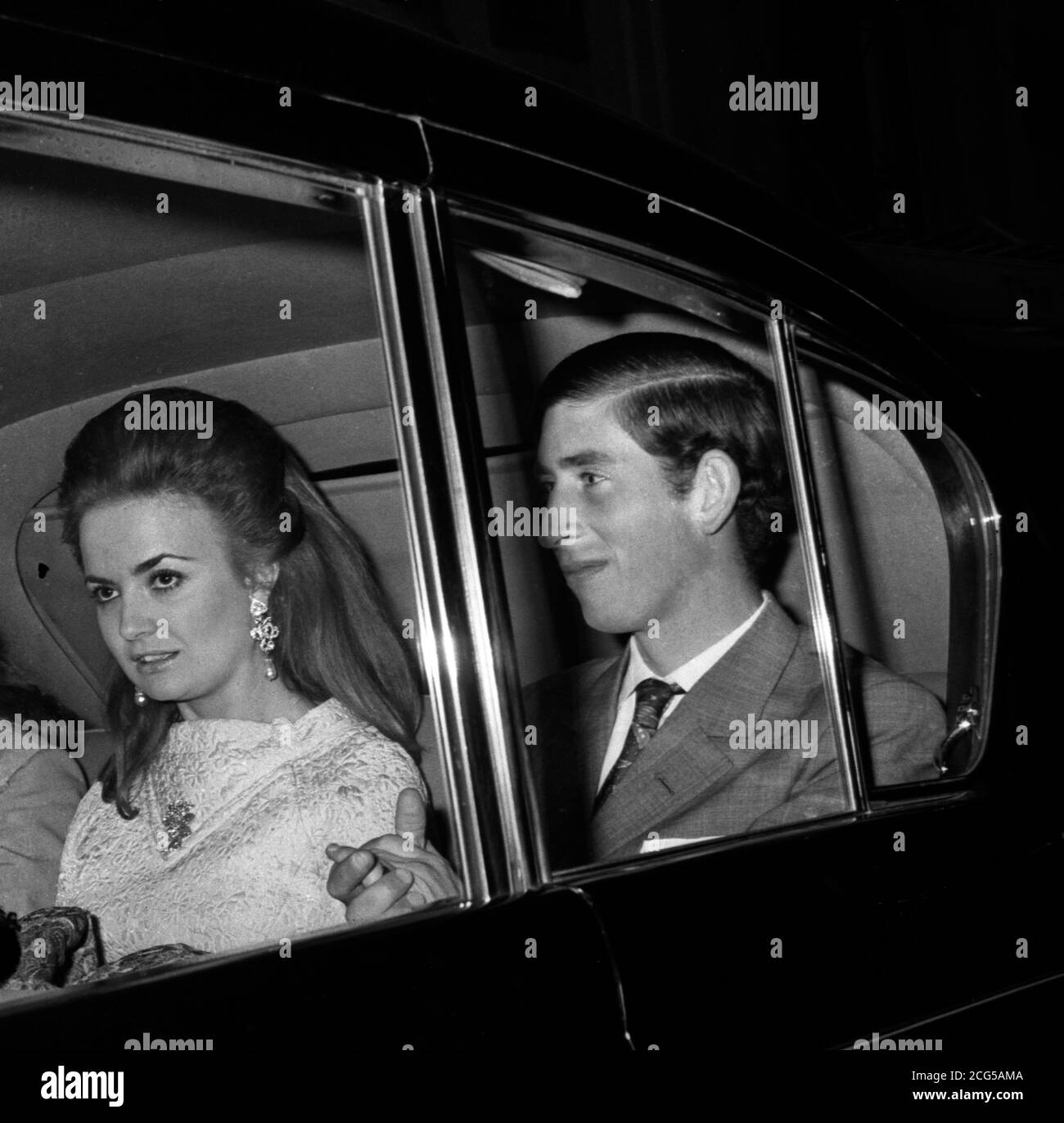 Prince Charles, The Prince of Wales, leaving the fortune Theatre, London, by car after attending a performance of David Storey's play 'The Contractor'. Seated next to the Prince is Lucia Santa Cruz, daughter of the Chilean Ambassador. Stock Photo