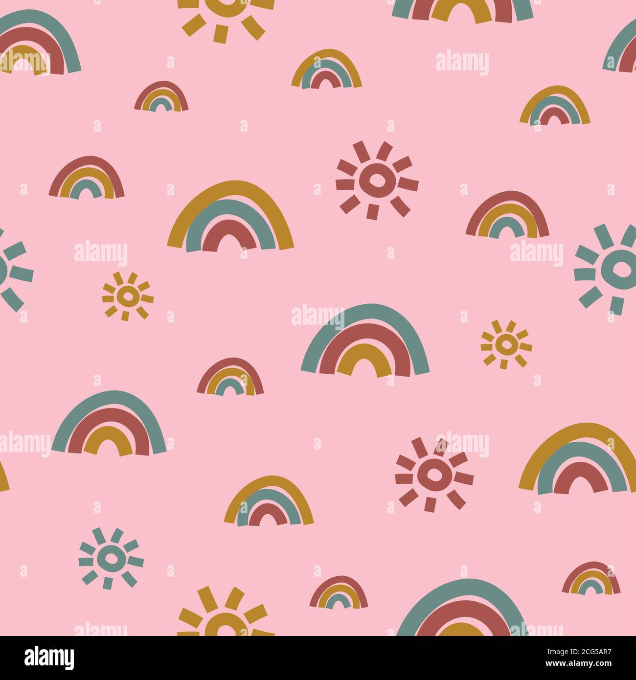 rainbows and suns seamless vector pattern on pink Stock Vector