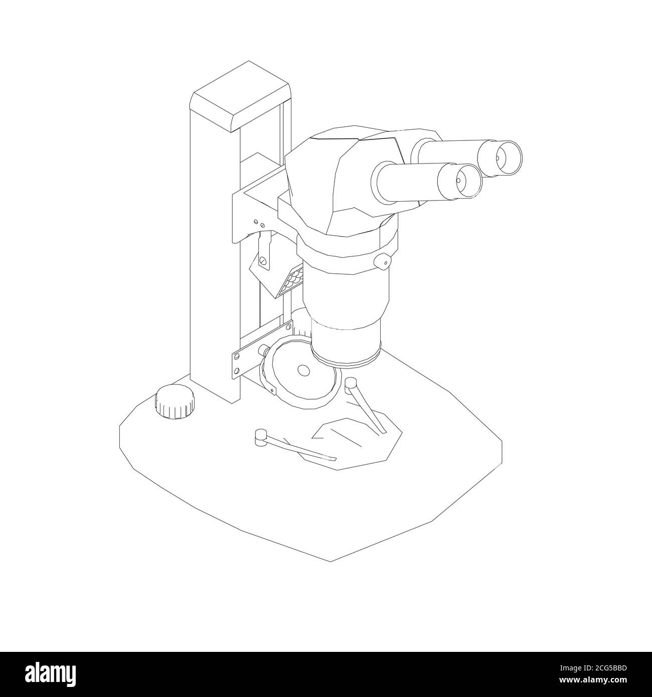 Microscope outline from black lines isolated on white background. Desktop microscope. Isometric view. Vector illustration Stock Vector