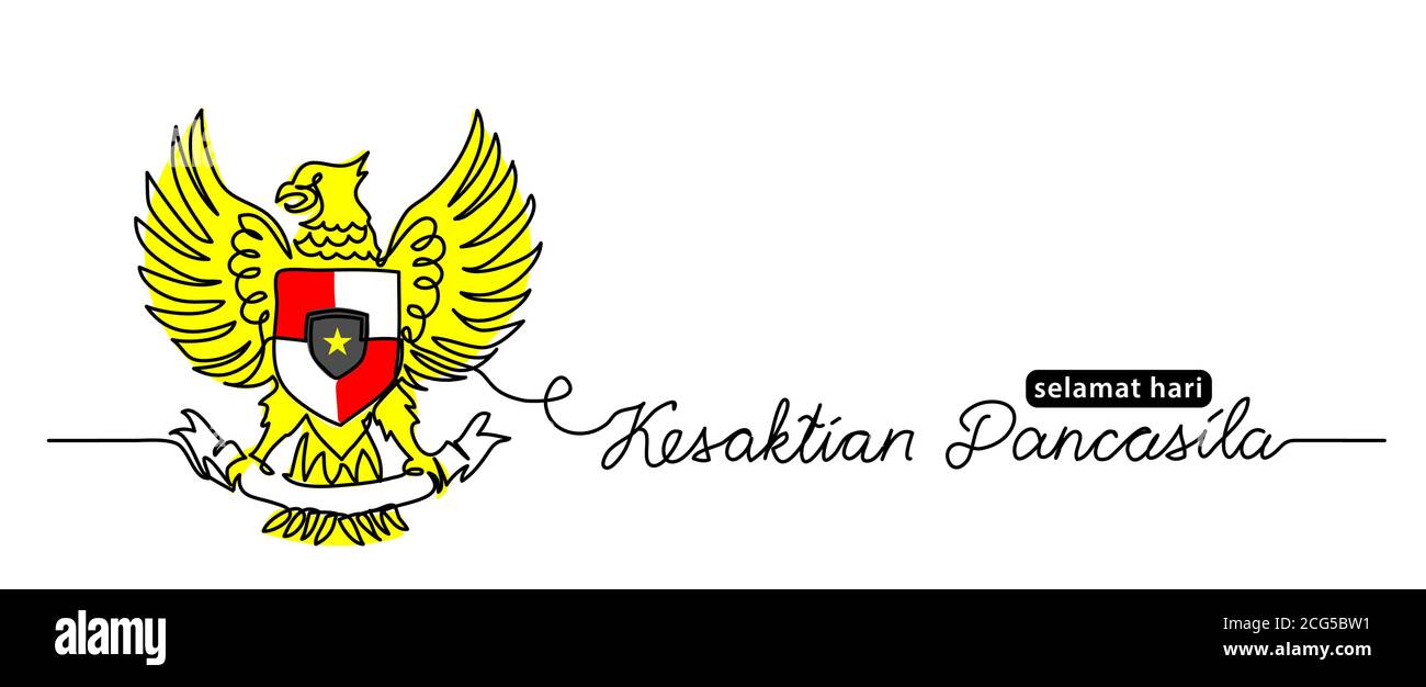 Kesaktian pancasila selamat hari, means Happy Pancasila Day. Simple vector web banner, background. One continuous line garuda drawing with lettering Stock Vector