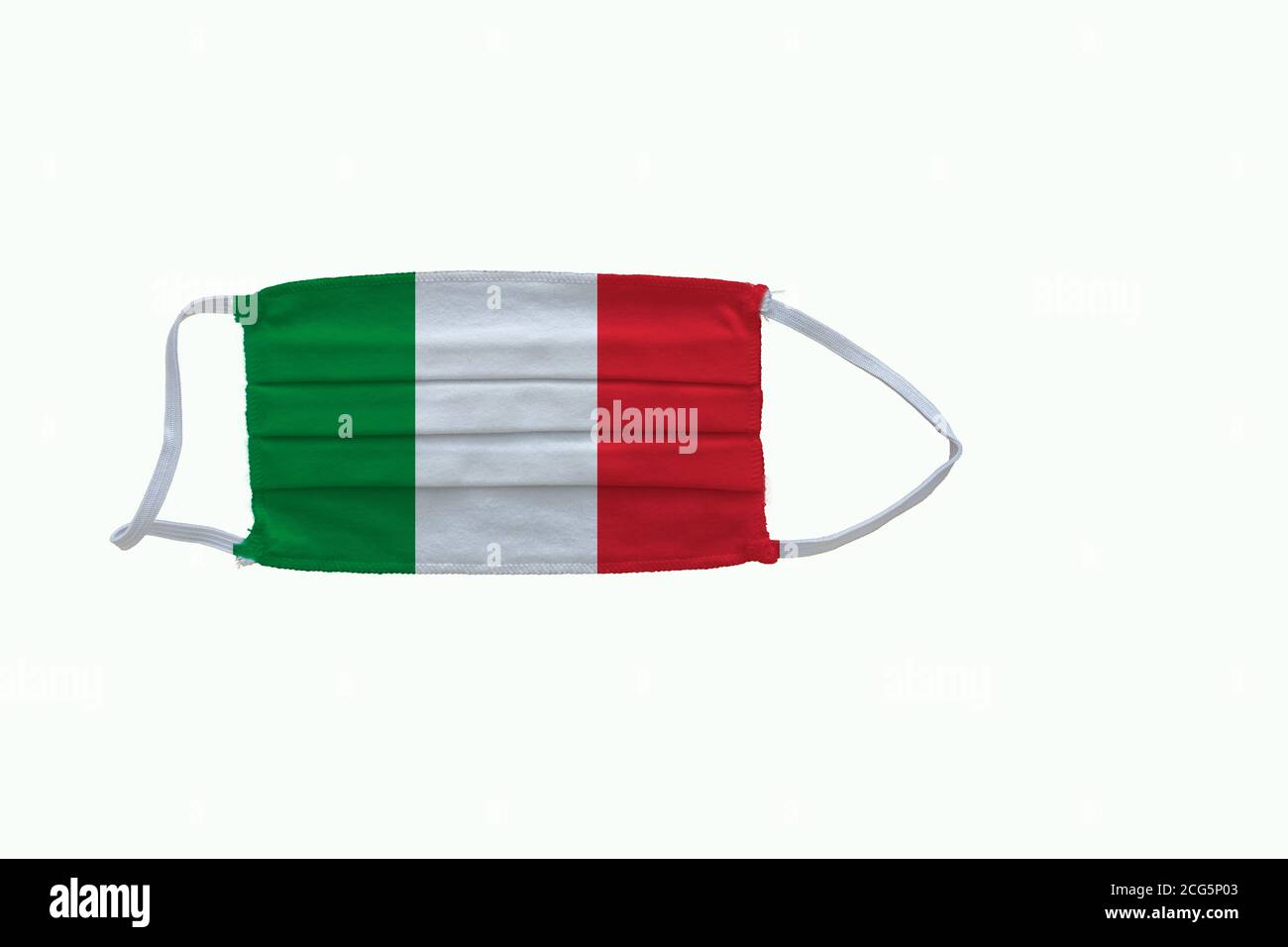 Italian flag design Covid-19 pandemic  virus face mask  on a white background with copy space Stock Photo