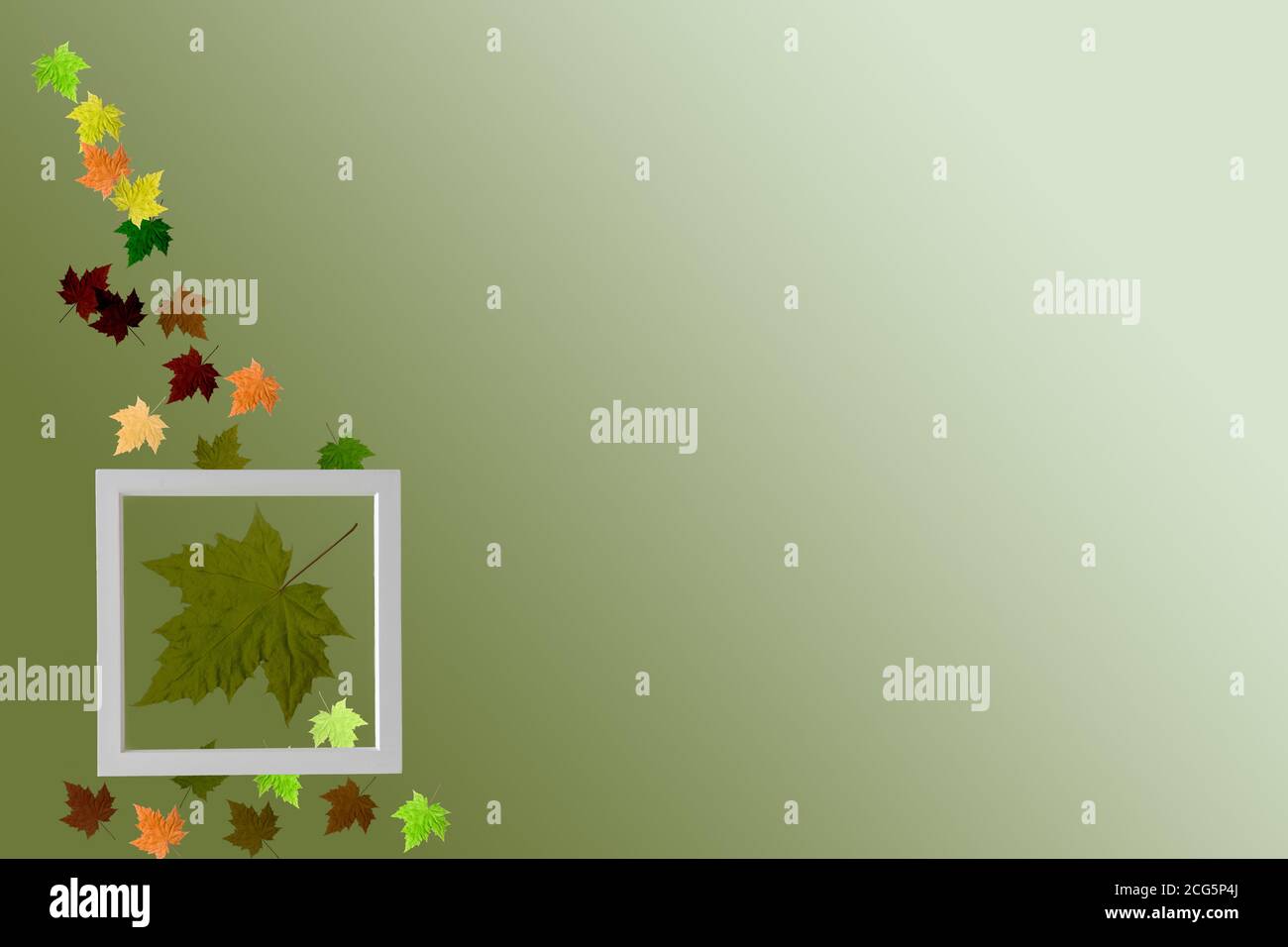 Autumn leaves falling through a picture frame on a light olive ...